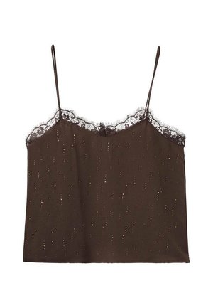 Camisole sans manches marron avec des garnitures en lace, présentant une texture lisse et un motif à pois avec des accents métalliques tout au long.