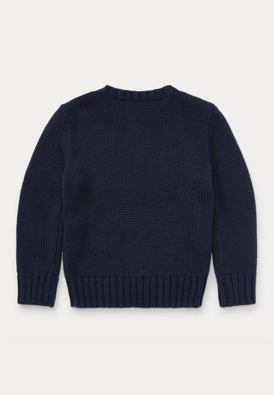 Dark blue knitted sweater with long sleeves, ribbed cuffs, hem, and crew neckline, shown from the back on a white background.