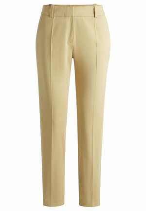 Beige maßgeschneiderte Hose mit geradem Bein, aus glattem Stoff, mit Vorderfalten und Gürtelschlaufen. Einfaches Design ohne Muster.