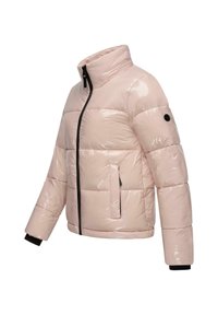 Gestikt jacket in glanzend lichtroze met een hoge kraag, zwarte rits en twee zijzakken. Heeft zwarte manchetten en een rond logo op de mouw.