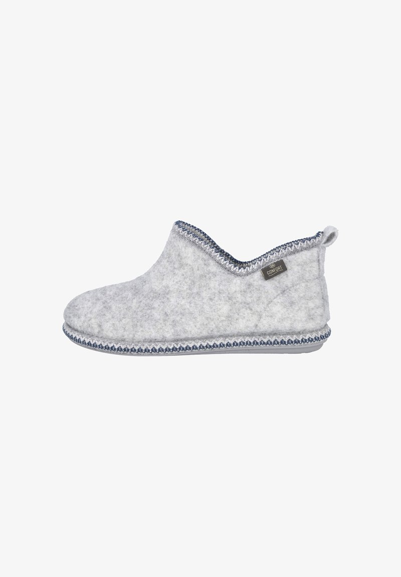 Zapatilla de casa gris con ribetes azules, de corte bajo en el tobillo, suela blanda y una pequeña etiqueta de tela con la palabra "Confort" en el lateral.