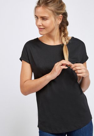 Zwarte t-shirt met korte mouwen, gemaakt van een zachte stof, met een ronde halslijn, een relaxte pasvorm en een afgeronde zoom, geschikt voor casual gebruik.