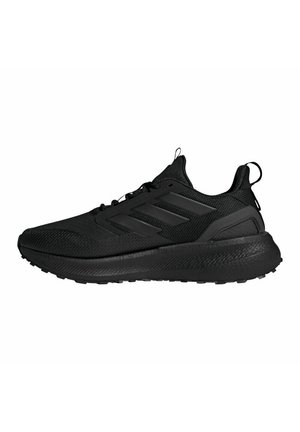 Des chaussures de sport noires avec une tige en mesh respirant, des détails texturés et un logo à trois bandes. Présentent une semelle rembourrée et une languette de tirage.