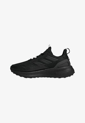 Black athletic shoes with a breathable mesh upper, textured detailing, and three stripes logo. Features a cushioned sole and pull tab.