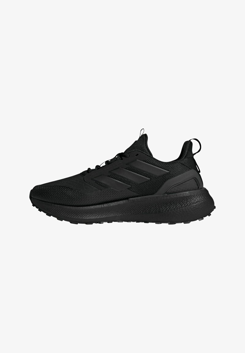 Des chaussures de sport noires avec une tige en mesh respirant, des détails texturés et un logo à trois bandes. Présentent une semelle rembourrée et une languette de tirage.