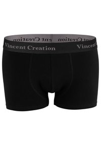 Boxer-briefs noirs en matériau doux, dotés d'une ceinture grise avec le texte "Vincent Creation" et des coutures plates pour un confort optimal.