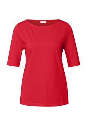 Czerwony, krótki t-shirt wykonany z miękkiego materiału, z okrągłym dekoltem i luźnym krojem. Bezszwowy design ramion z gładką teksturą.