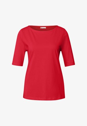 Rode t-shirt met korte mouwen van zacht materiaal, met een ronde hals en een relaxte pasvorm. Naadloos schouderontwerp met een soepele textuur.