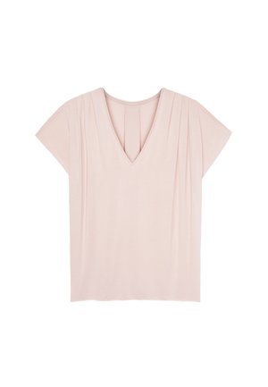 Jasnoróżowa bluzka z dekoltem w serek i rękawami typu cap, z detalami w formie plis na przodzie oraz bezszwowym tyłem. Wykonana z miękkiego, gładkiego materiału.
