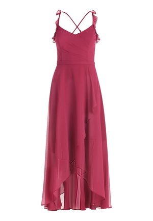 Mouwloze donkerroze maxidress met geruite bandjes, overslag lijfje, aansluitende taille en asymmetrische gelaagde chiffon rok.