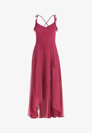 Mouwloze donkerroze maxidress met geruite bandjes, overslag lijfje, aansluitende taille en asymmetrische gelaagde chiffon rok.
