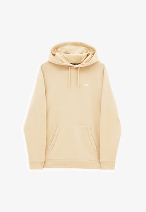 Sudadera beige con capucha, bolsillo tipo canguro, cordones y un logo blanco en el pecho. Fabricada con tejido suave y puños acanalados.