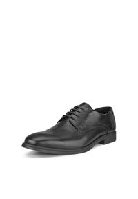 Chaussure formelle pour homme en cuir noir, à lacets, avec un bout rond et un talon bas, orientée vers la droite sur fond blanc.