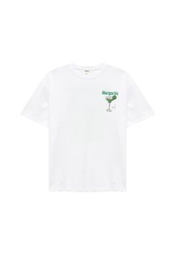Witte katoenen t-shirt met een groene margarita glas afbeelding en het woord "Margarita" in groene letters op de linkerborst.