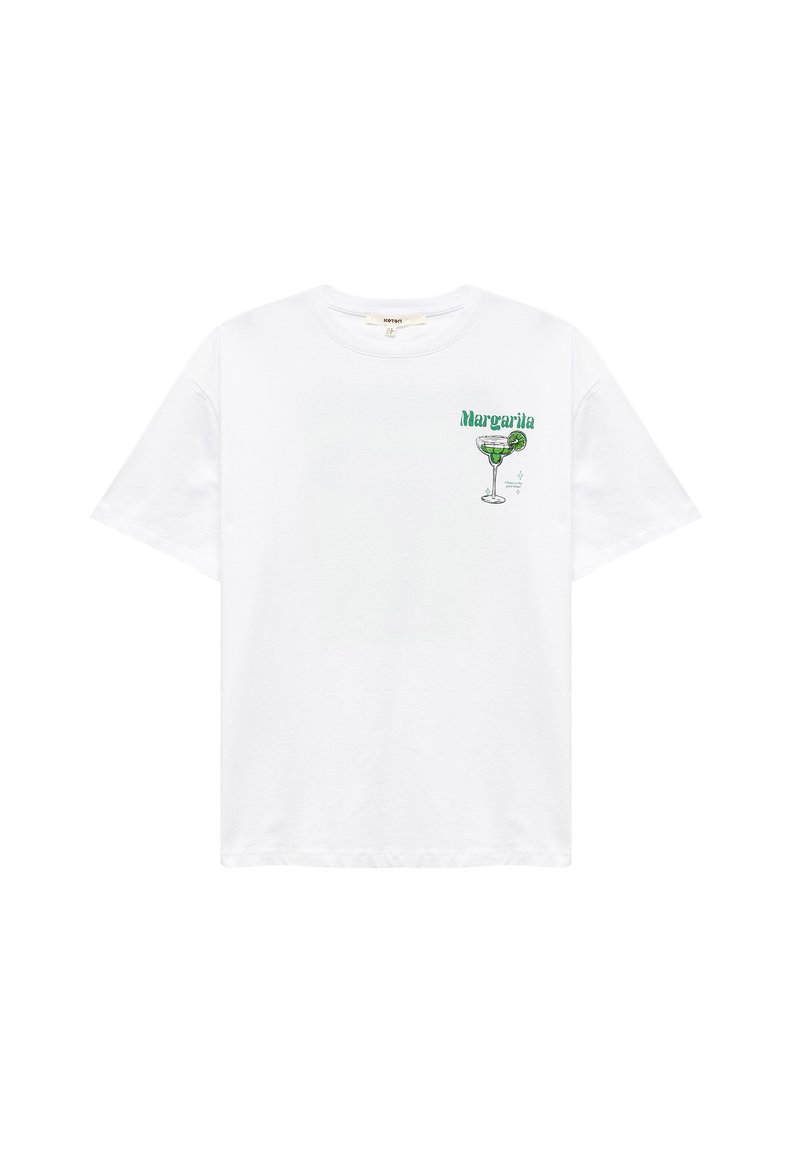 Witte katoenen t-shirt met een groene margarita glas afbeelding en het woord "Margarita" in groene letters op de linkerborst.
