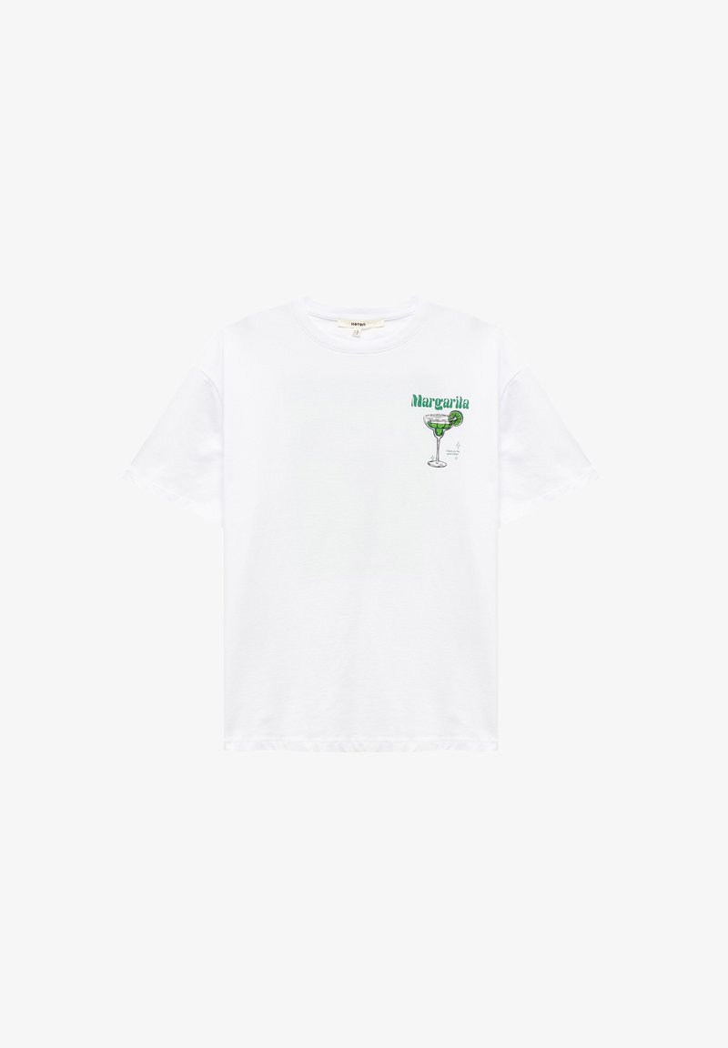 Hvid bomulds t-shirt med et grønt margarita-glas grafik og ordet "Margarita" i grøn skrift på venstre brystområde.