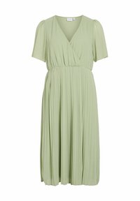 Robe midi vert clair avec de courtes manches bouffantes, décolleté en V, bustier enveloppant, taille élastique et jupes plissées.
