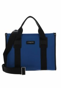 Sac rectangulaire bleu en matériau synthétique, doté de sangles noires, d'accents texturés et d'un panneau de logo de marque à l'avant.