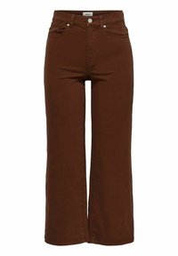 Bruine hoge taille wijd-gesneden broek met een knoop- en ritssluiting aan de voorkant, twee voorkebooken en riemlussen.