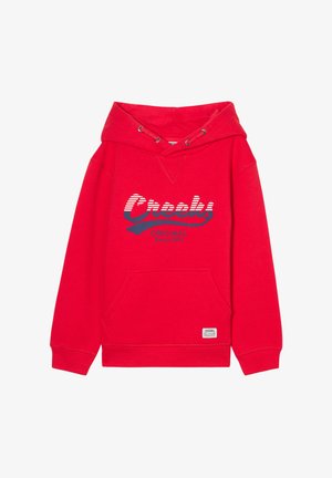 Sudadera con capucha roja de mezcla de algodón, que presenta un bolsillo canguro, puños acanalados y un logo gráfico en azul y blanco.