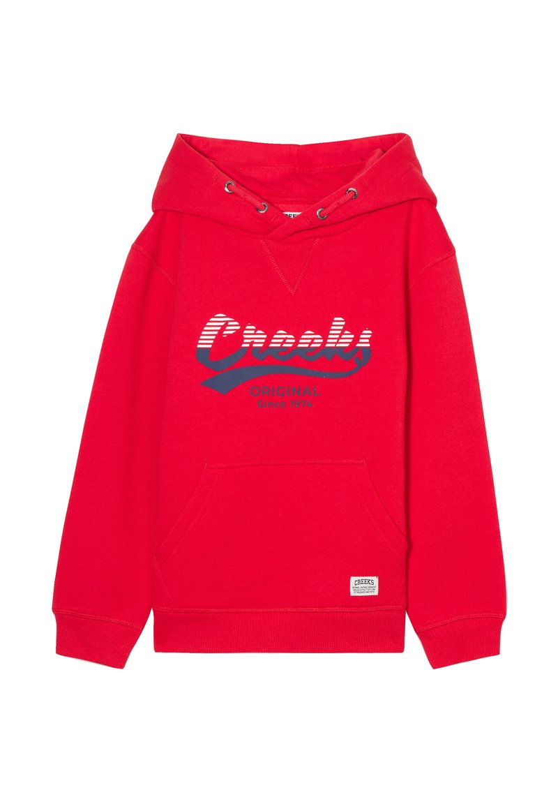 Red hooded sweatshirt in cotton blend, featuring a kangaroo pocket, ribbed cuffs, and a graphic logo in blue and white.