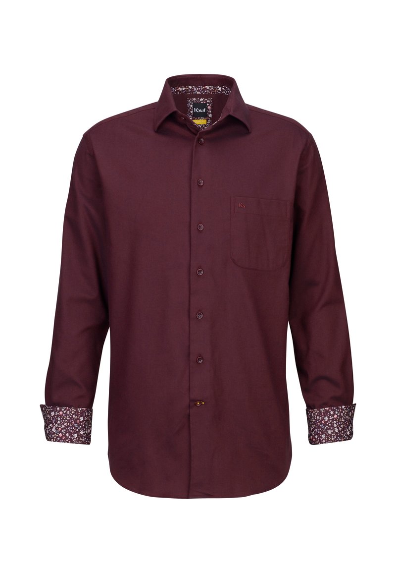 Camicia a maniche lunghe bordeaux con chiusura a bottoni, taschino sul petto e polsini a fantasia floreale. Realizzata in tessuto texture.