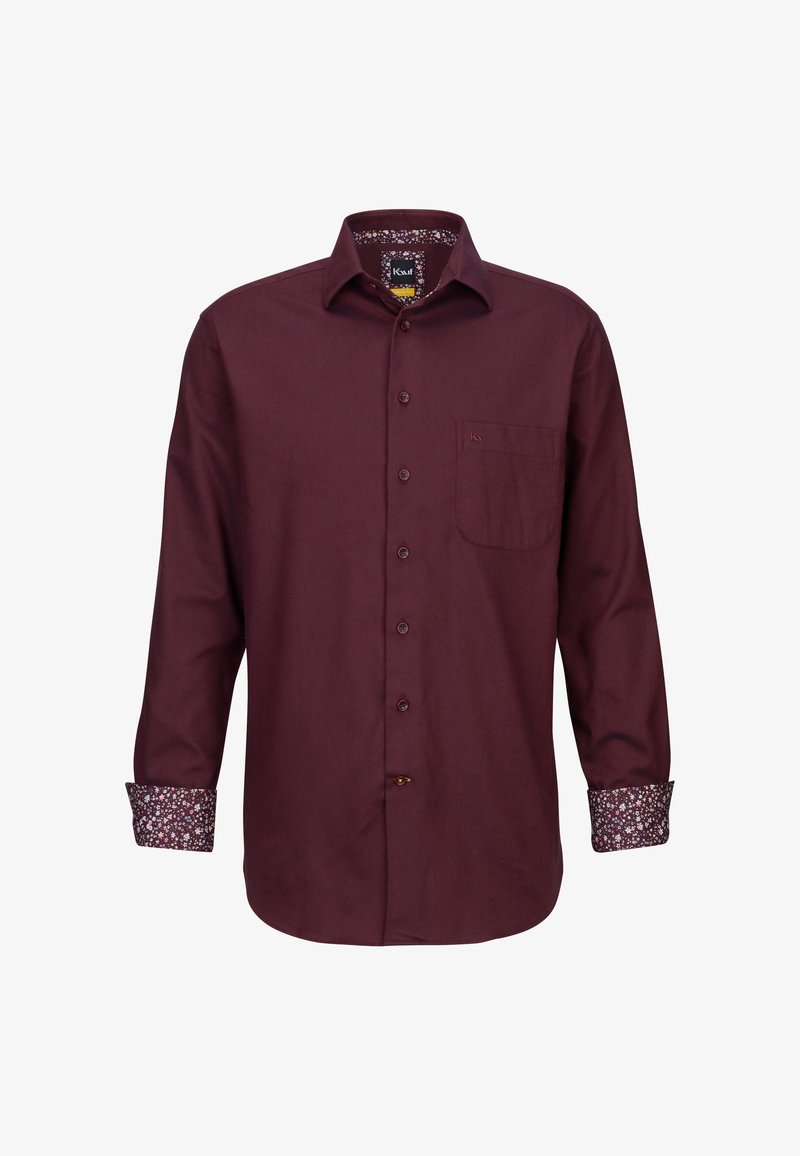 Camicia a maniche lunghe bordeaux con chiusura a bottoni, taschino sul petto e polsini a fantasia floreale. Realizzata in tessuto texture.