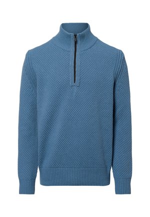 Herenblauwe gebreide trui met structuur, voorzien van een geribbelde kraag, manchetten, zoom en een kwartritssluiting aan de voorkant.