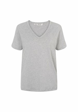 Sivá tričko s výstrihom do V vyrobené z mäkkej bavlny. Krátke rukávy, voľný strih a minimalistický dizajn bez vzorov alebo ozdôb.