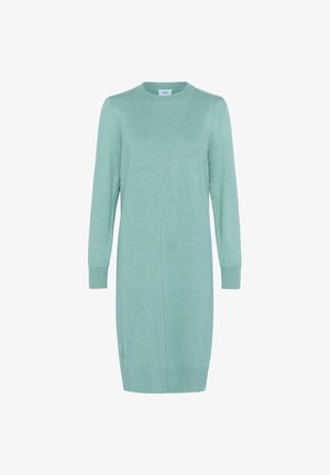 Mint zelena obleka s dolgimi rokavi, rebrastim izrezom in manšetami, teksturirano blago ter raven kroj, ki segajo do sredine stegna.