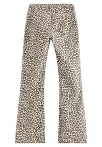 Leopardmønstrede flagrende bukser i beige og lysebrun, med en glat tekstur og tætsiddende talje med knaplukning samt baglommer.