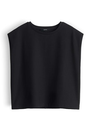 Schwarzes ärmelloses, kastiges Oberteil mit rundem Ausschnitt und Schulterpolstern, auf weißem Hintergrund dargestellt.