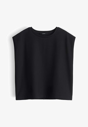 Zwarte mouwloze boxy top met ronde halslijn en schoudervullingen, afgebeeld op een witte achtergrond.