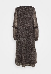 Robe noire à manches longues avec un motif floral en rose et blanc. Tissu semi-transparent, manches à volants et dos à découpe en forme de clé.