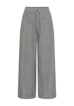 Pantalon gris à jambes larges avec des rayures verticales blanches, taille élastique et fermeture avant par cordon.
