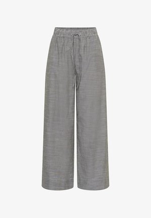 Gray wide-leg pants with white vertical stripes, elastic waistband, and front drawstring closure.