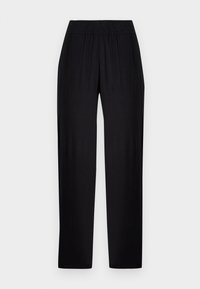 Pantalon noir à jambe droite avec taille élastique, fabriqué en tissu léger, conçu pour une tenue décontractée ou de bureau.