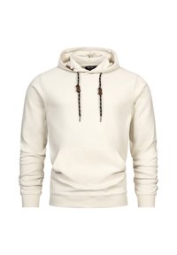 Lysbeige hoodie med en struktureret overflade, snoretræk med sort-hvidt mønster og brune læderdetaljer. Frontkangaroo lomme.