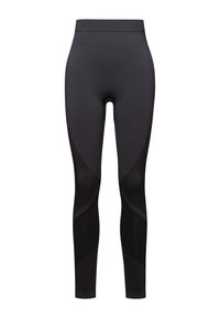 Sorte leggings med høy midje, som har en glatt tekstur og buet tonalt mønster langs sidene. Elastisk, tettsittende design.