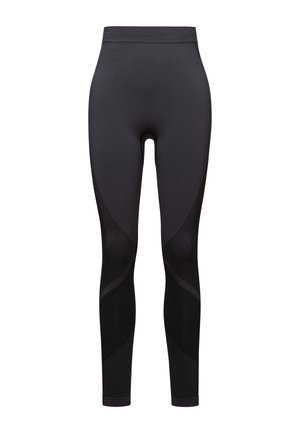 Sorte leggings med høy midje, som har en glatt tekstur og buet tonalt mønster langs sidene. Elastisk, tettsittende design.