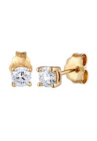Goldene Steckerohrringe mit runden, klaren Zirkonia-Steinen. Vierkantiger Sitz, glatte Goldoberfläche und ein Schmetterlingsverschluss.
