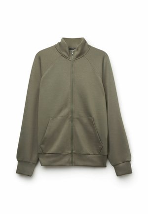 Olivgrüne Jacke mit Reißverschluss, Stehkragen, langen Ärmeln, zwei Fronttaschen sowie gerippten Bündchen und Saum.