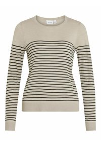 Beżowy sweter w czarne paski, z okrągłym dekoltem i długimi rękawami, zaprojektowany z myślą o prostym, casualowym wyglądzie. Widoczna metka marki.