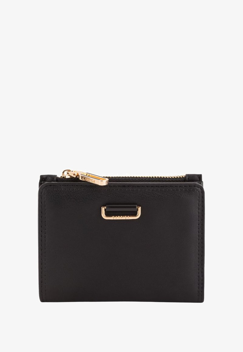 Czarny skórzany portfel z zamknięciem na zamek i złotymi akcentami. Gładka tekstura, minimalistyczny design i detal z logo z przodu.