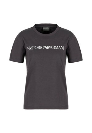 T-shirt en coton gris foncé à manches courtes avec un logo "Emporio Armani" imprimé en blanc sur la poitrine. Design simple à col rond.