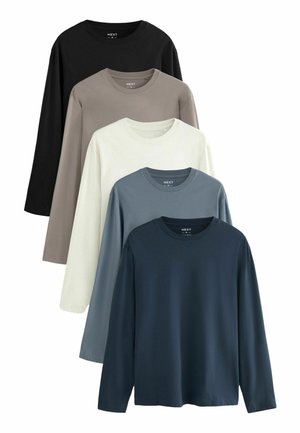 Set of five long-sleeve t-shirts in black, dark gray, light gray, white, and dark blue. Soft, smooth fabric with a classic crew neckline.