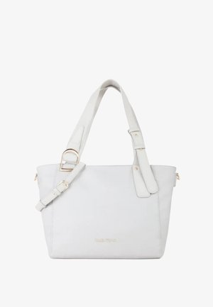 Borsa tote grigio chiaro, realizzata in pelle, con doppi manici per la spalla, tracolla rimovibile e dettagli in metallo color oro.