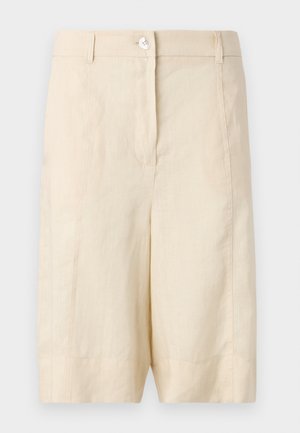 Beige linen shorts with a smooth texture, featuring a front button closure, tailored design, and straight cut at the hem.