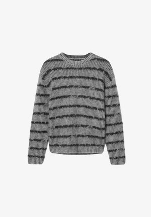 Hallitus kõrge kaelusega hall kootud särk mustade horisontaalsete triipudega, ribakujundusega tekstuuriga. Omab pikki varrukaid ja ümarat alläärte.