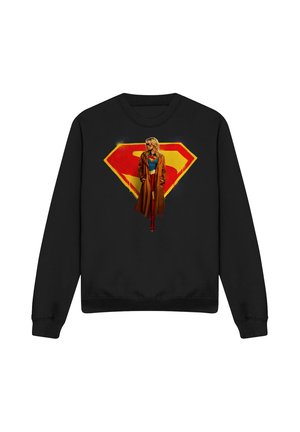 Schwarzer Sweatshirt mit einer Grafik einer Frau in einem Superheldenkostüm und braunem Mantel, die vor einem großen roten und gelben Supergirl-Emblem steht.